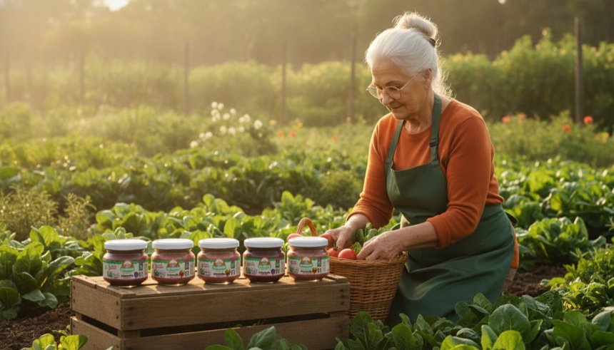 Vovó colhendo na horta com os produtos Da Vovó